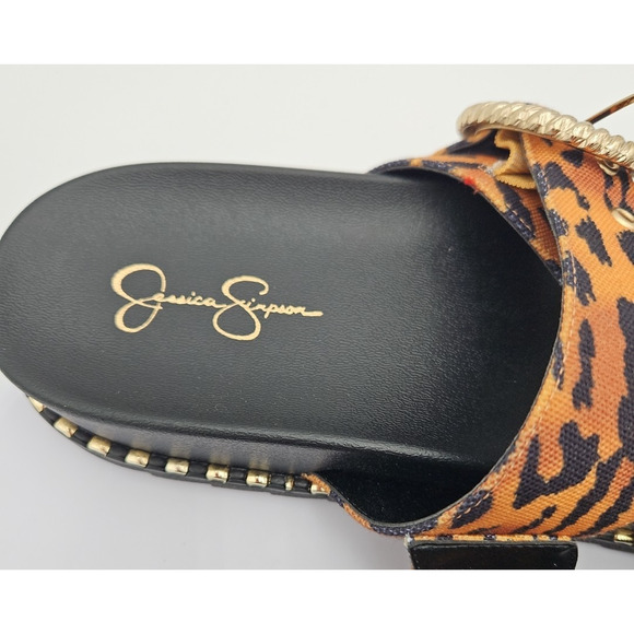 Jessica Simpson CYMMERI Slide Thong‎ Sandal Brown Cheetah Print Gold Buckle EUC - Picture 8 of 13